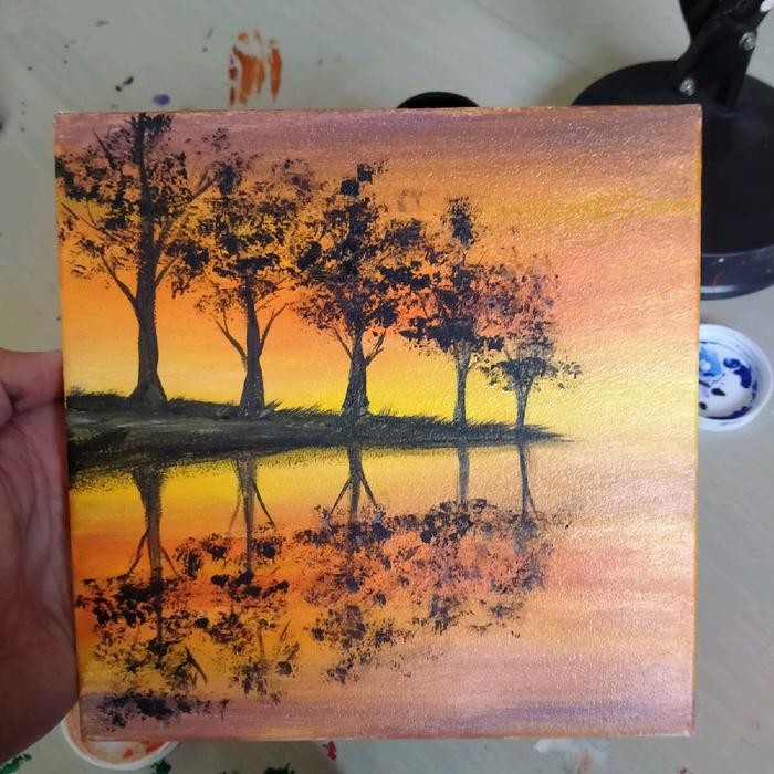 20x20 Lukisan Kanvas Painting Buatan Tangan Asli Pajangan Hiasan Dinding Simple Minimalis Murah Lukisan Pemandangan Sunset Sunrise Pegunungan Pantai - 3