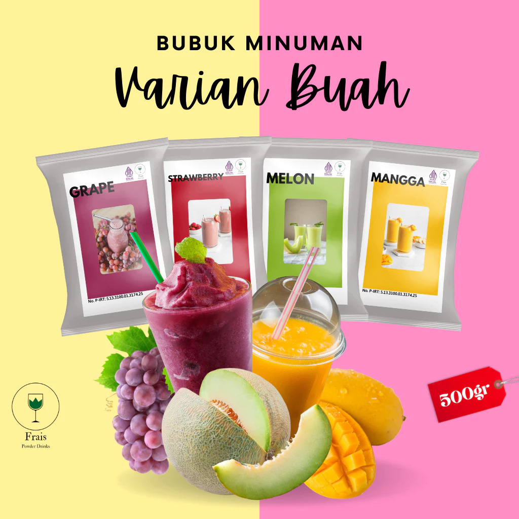 BUBUK MINUMAN RASA BUAH 500GR / SERBUK MINUMAN ANEKA RASA / POWDER MINUMAN / MINUMAN KEKINIAN BOBA / MINUMAN